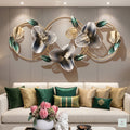 48x24 modern metal floral wall art, elegant gold and green botanical sculpture with circular frames for living room decor.