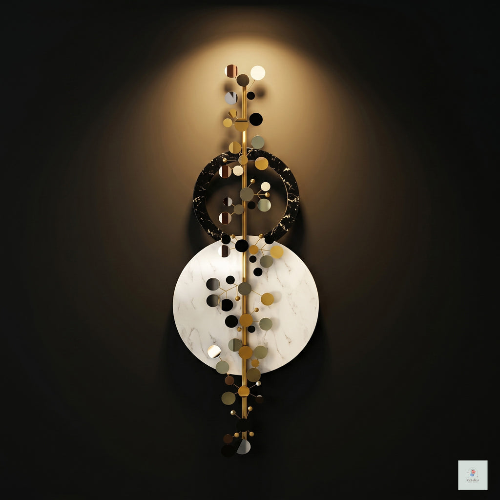 48x24 modern vertical abstract metal wall art, geometric sculpture with black, white, and gold circular motifs for entryway decor.