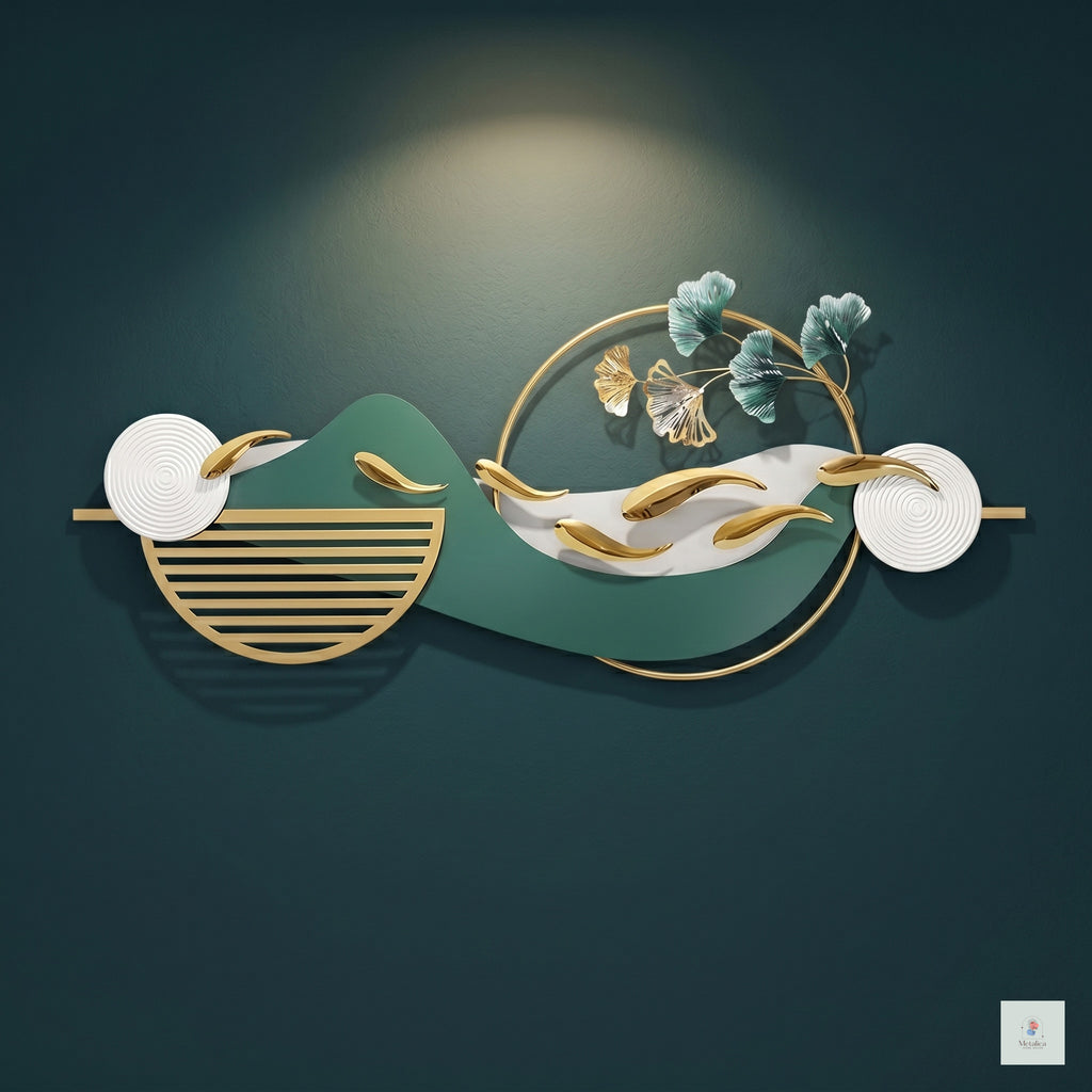 48x24 modern metal koi fish landscape wall art, Zen gold and teal sculpture with ginkgo leaves for living room decor.