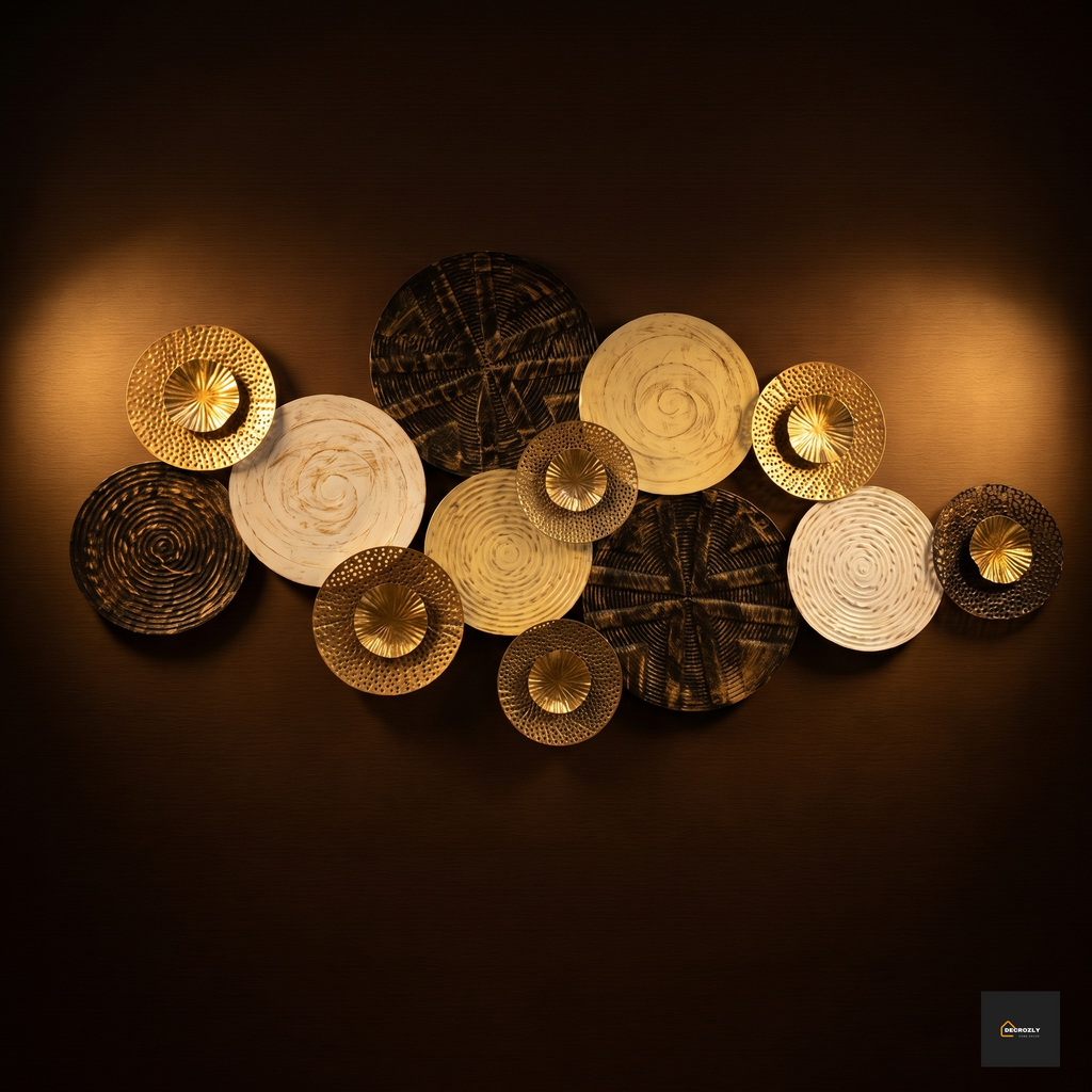 Decorative wall art with circular, wicker-like elements on a dark background