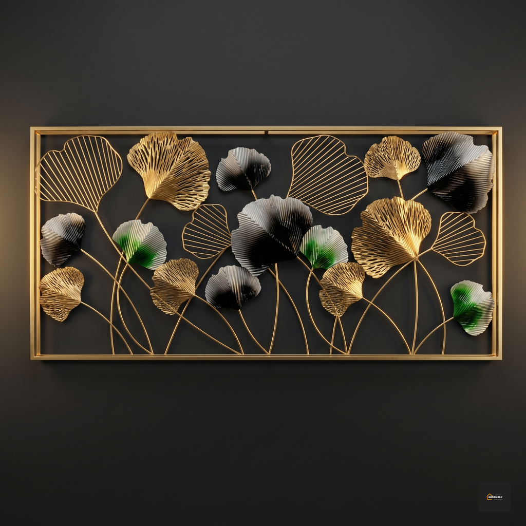 Decorative wall art with gold and gray leaf patterns on a dark background