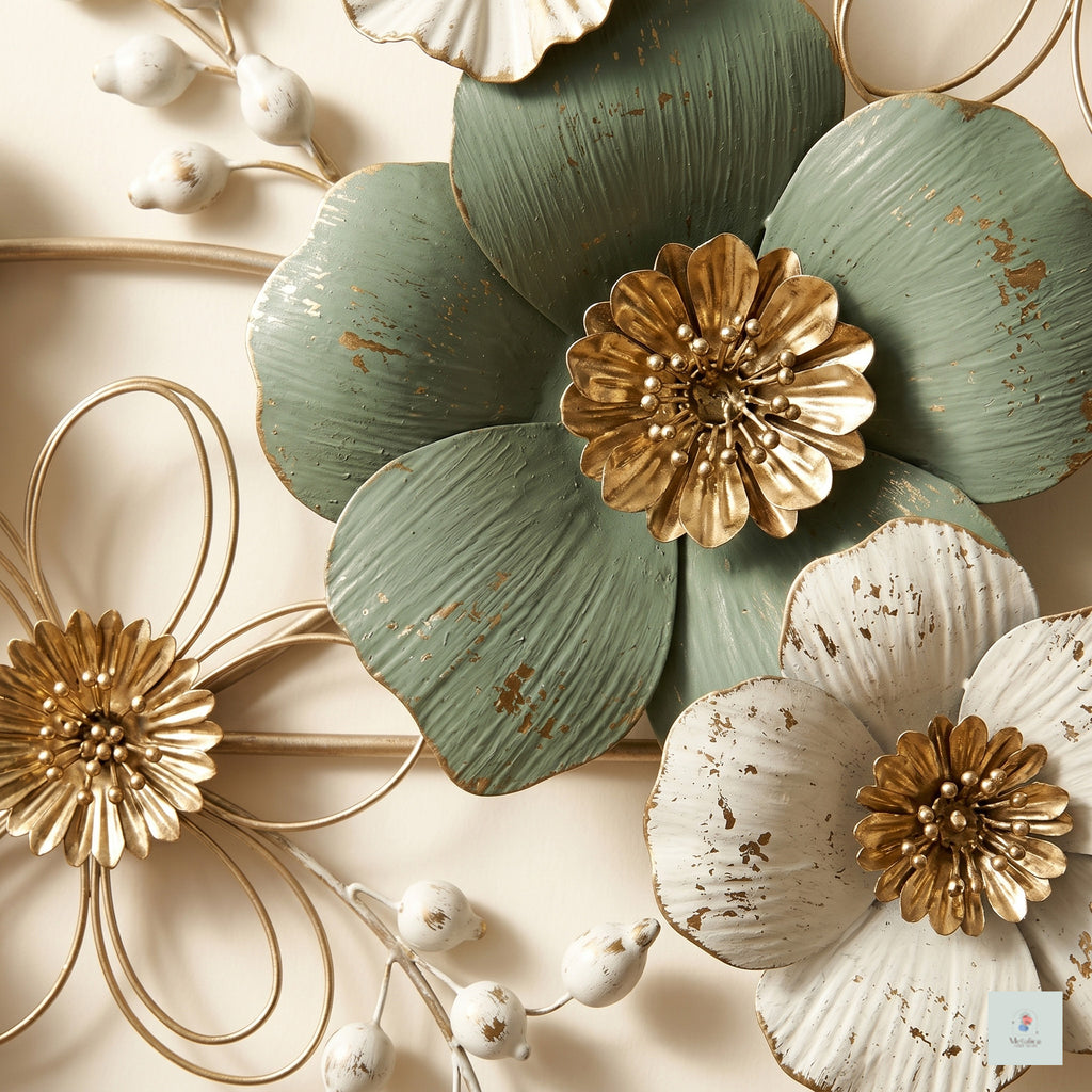 Large floral metal wall art, 25x50 inch botanical sculpture with green and white flowers for living room decor.