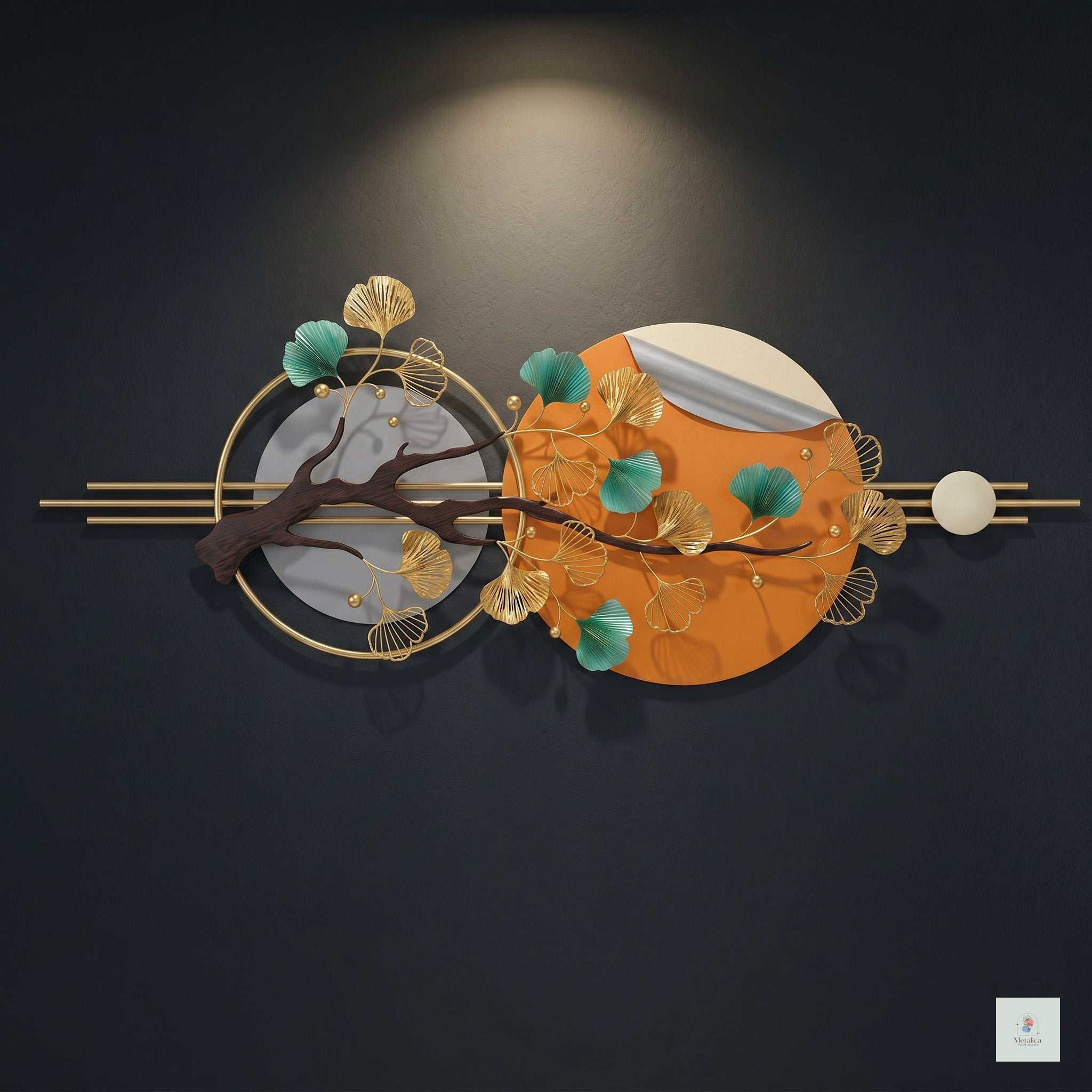 48x24 modern Zen ginkgo leaf wall art, botanical metal sculpture with gold and teal leaves on orange and grey circular background for living room decor.