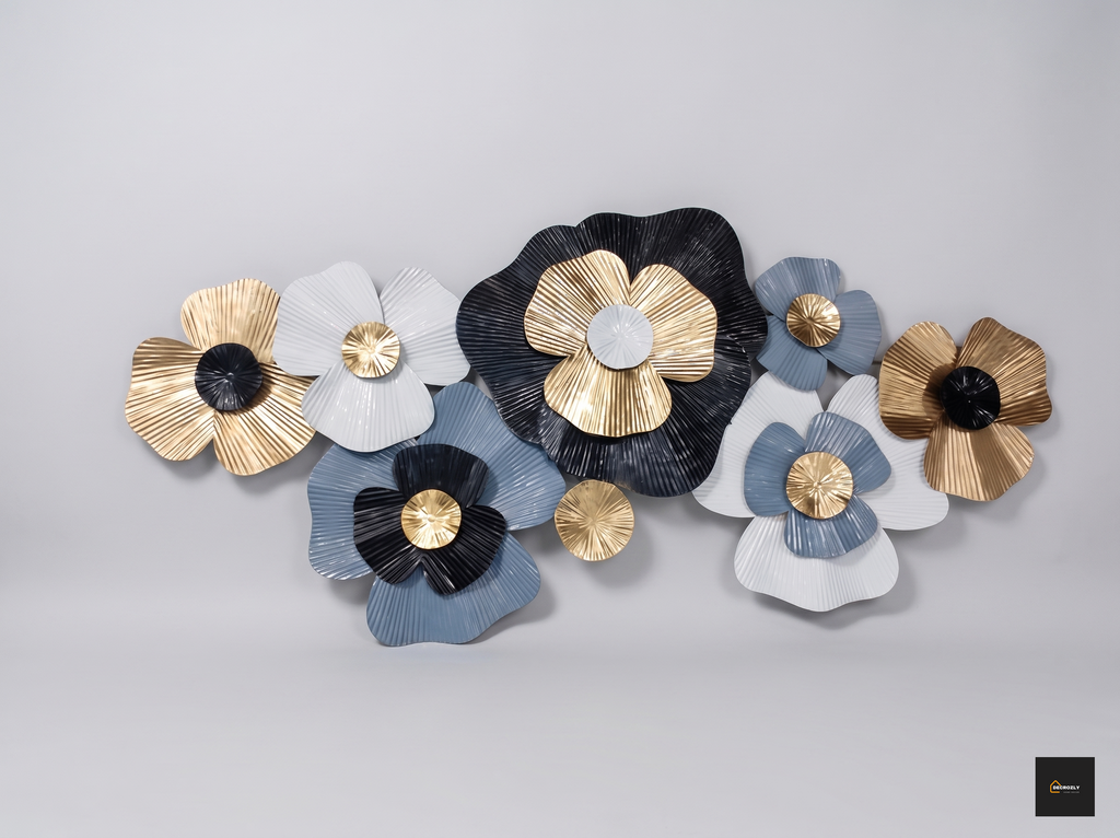 Multi-Tone Metal Flower Wall Art Decor | 2x4 Ft (60x120 cm) 3D Floral Wall Sculpture | Black, Grey, White & Gold Botanical Wall Hanging for Living Room, Bedroom & Entryway | Geometcir | Nature |