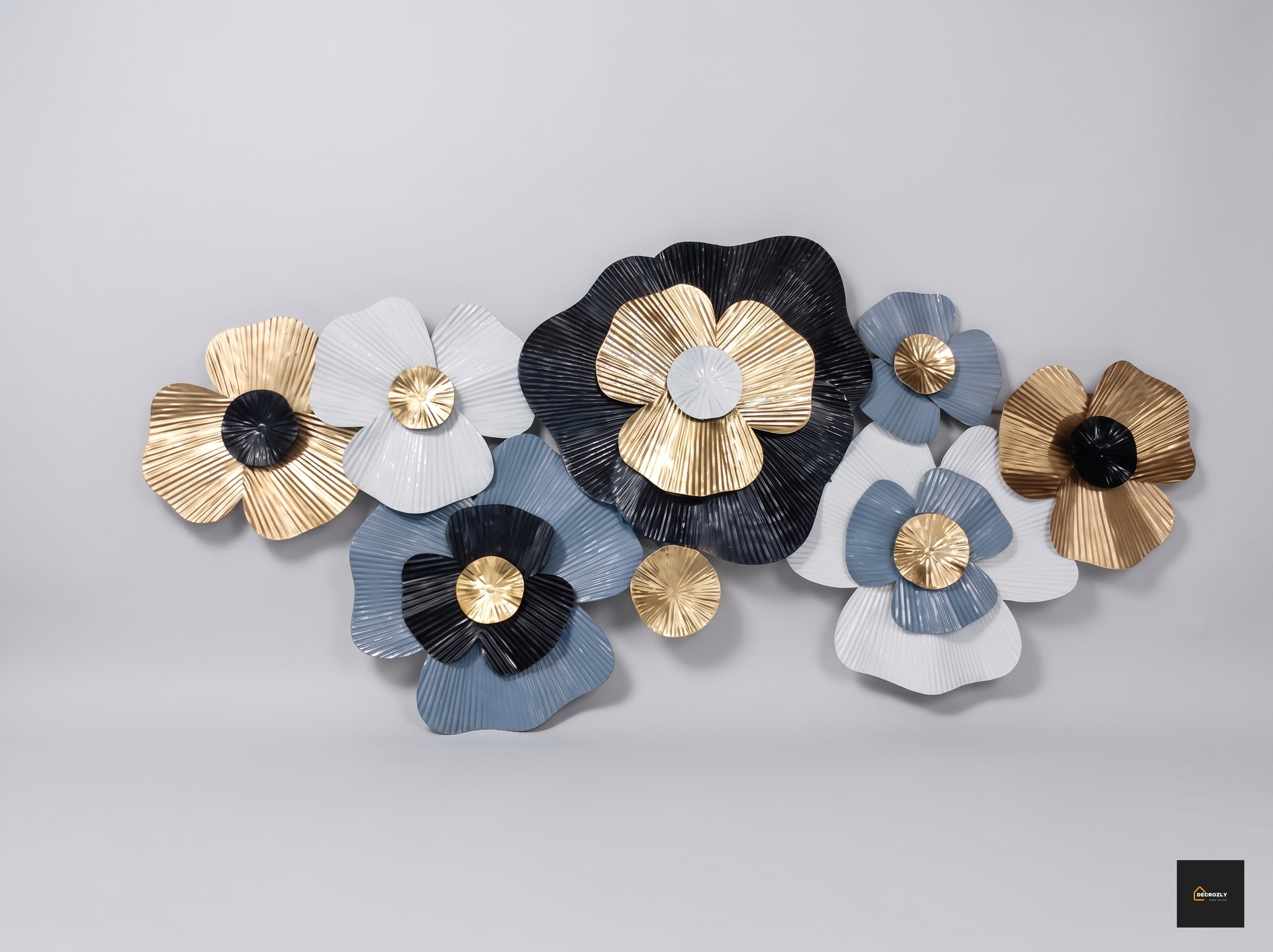 Multi-Tone Metal Flower Wall Art Decor | 2x4 Ft (60x120 cm) 3D Floral Wall Sculpture | Black, Grey, White & Gold Botanical Wall Hanging for Living Room, Bedroom & Entryway | Geometcir | Nature |