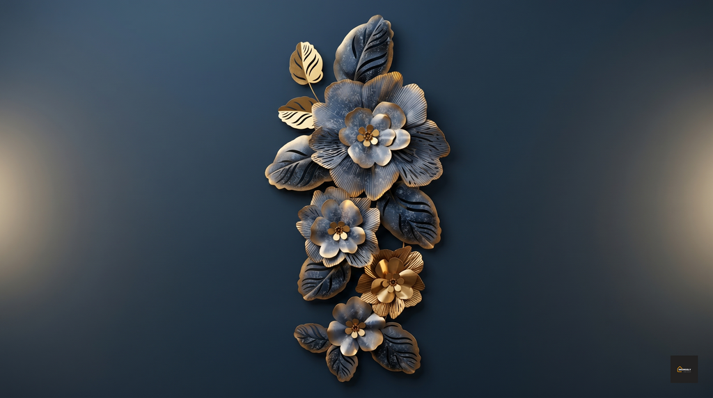 Decorative wall art with floral design in gold and silver on a dark background
