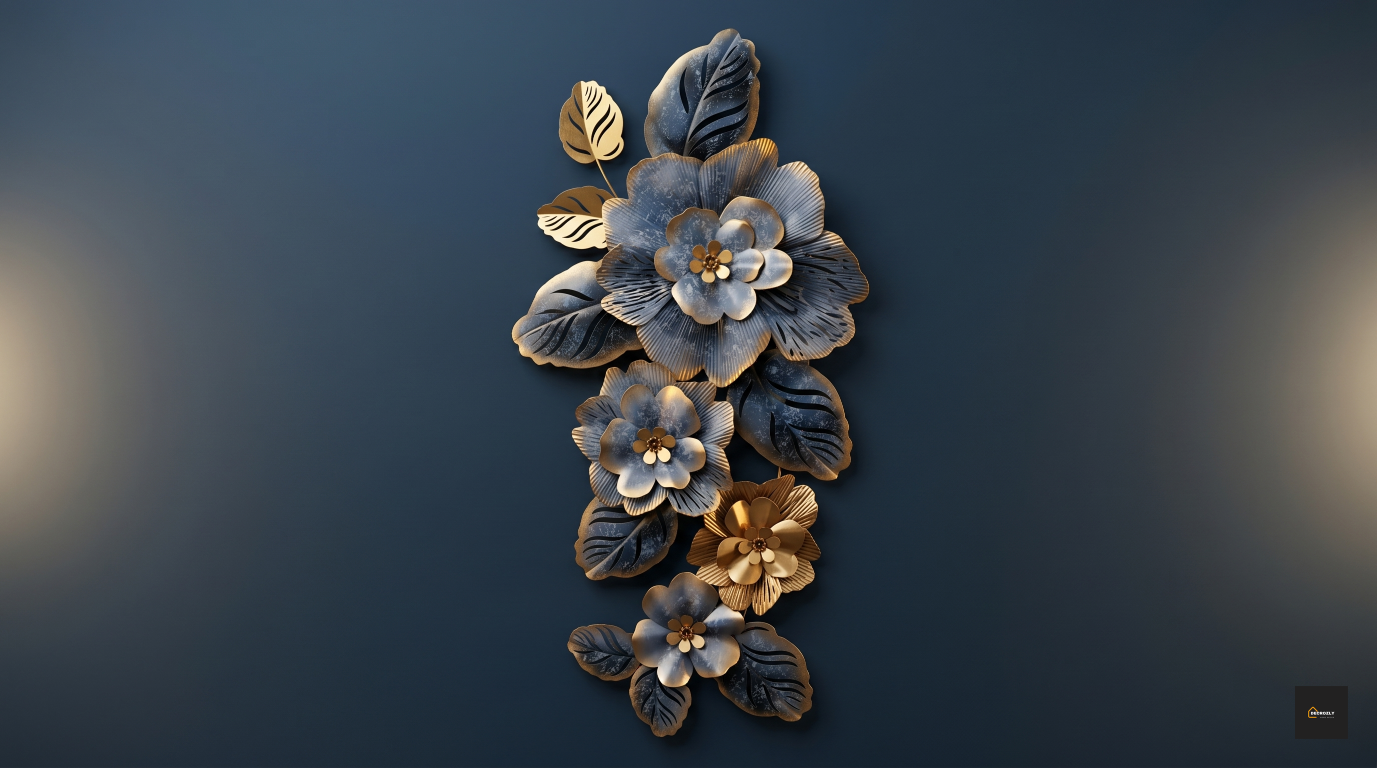Decorative wall art with floral design in gold and silver on a dark background