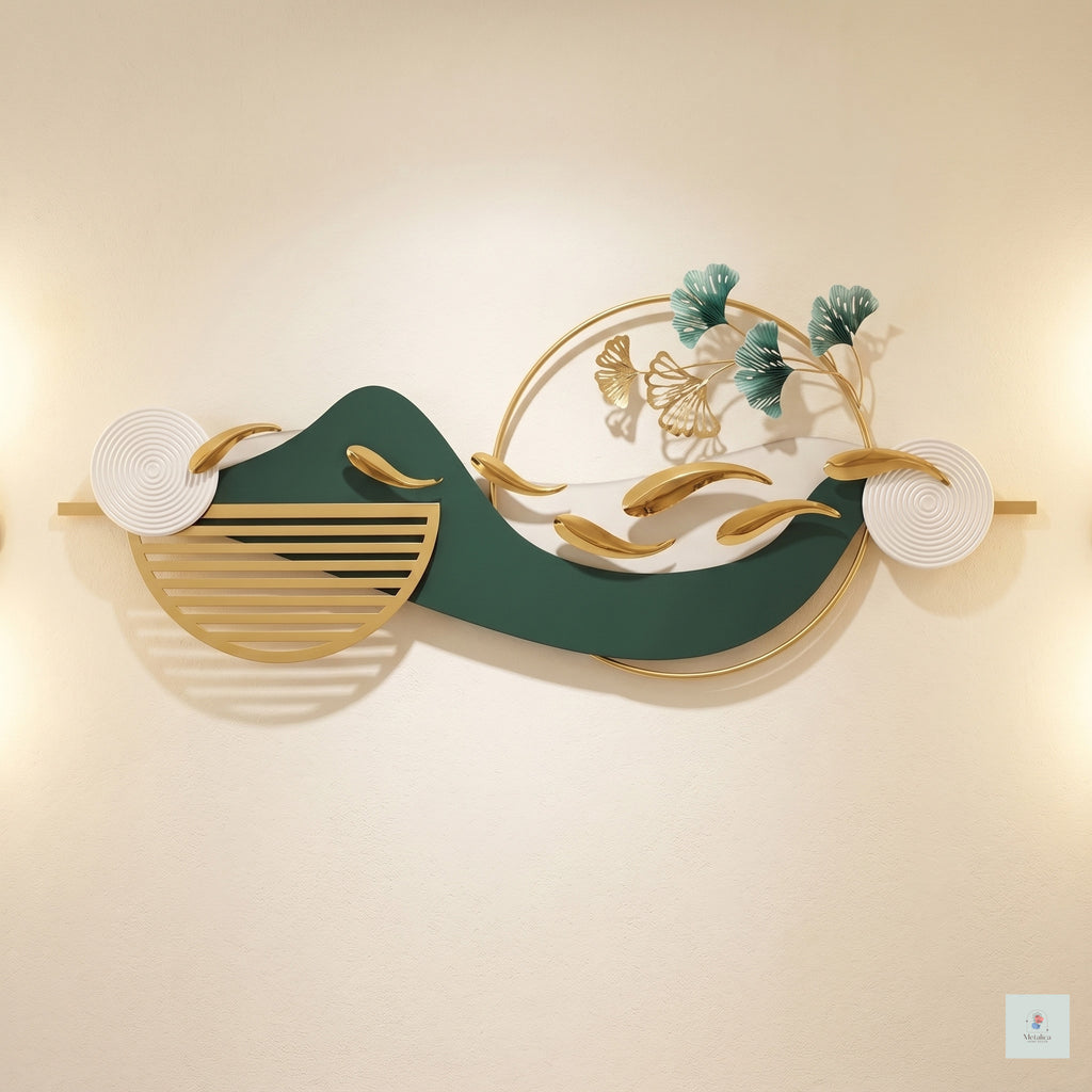 48x24 modern metal koi fish landscape wall art, Zen gold and teal sculpture with ginkgo leaves for living room decor.