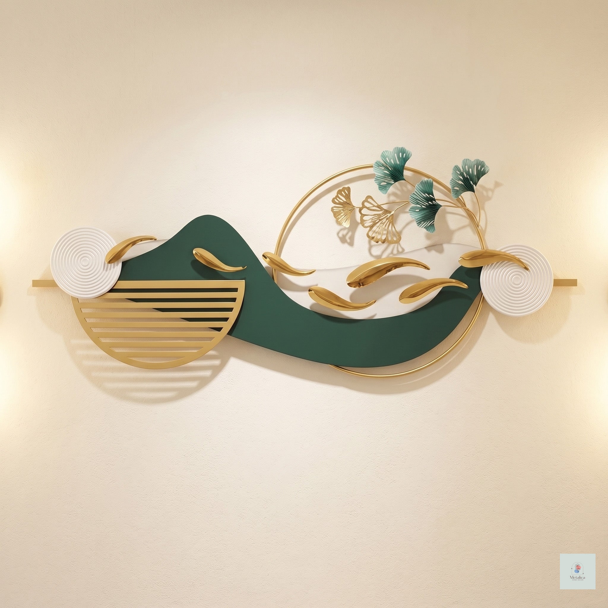 48x24 modern metal koi fish landscape wall art, Zen gold and teal sculpture with ginkgo leaves for living room decor.
