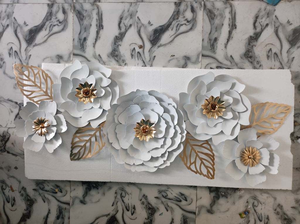 White & Gold Metal Rose Wall Art Decor | 2x4 Ft (60x120 cm) 3D Layered Floral Wall Sculpture | Ivory Peony Flower & Gold Leaf Wall Hanging for Living Room, Bedroom & Entryway | Geometric | Nature |