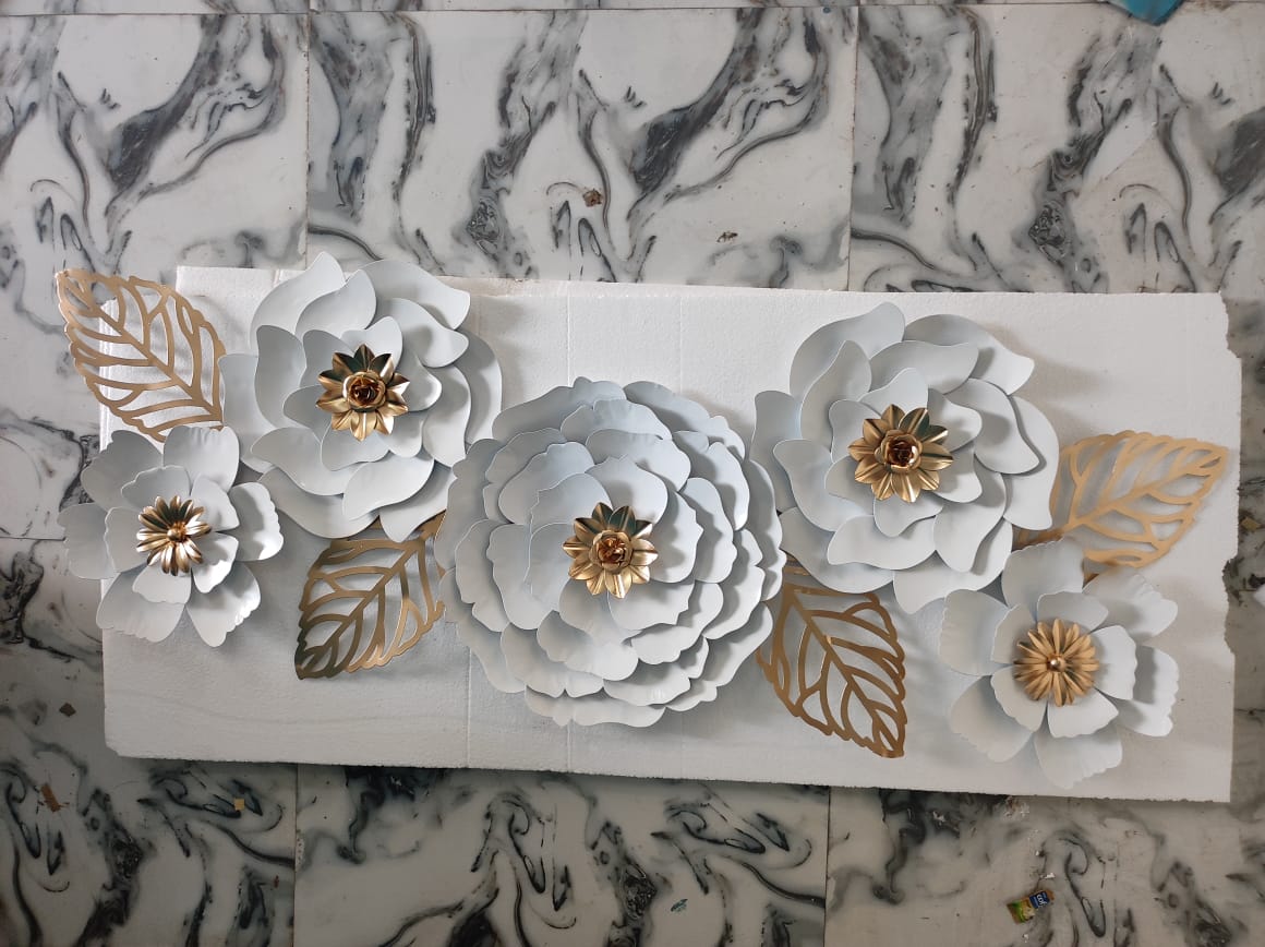White & Gold Metal Rose Wall Art Decor | 2x4 Ft (60x120 cm) 3D Layered Floral Wall Sculpture | Ivory Peony Flower & Gold Leaf Wall Hanging for Living Room, Bedroom & Entryway | Geometric | Nature |