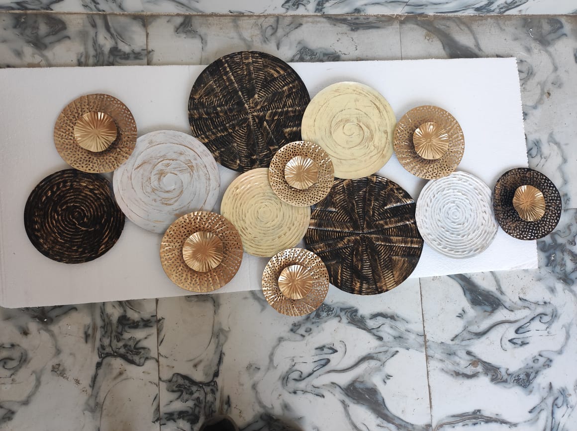 Rustic Disc Geometric Metal Wall Art Decor | 2x4 Ft (60x120 cm) Multi-Texture Circle Wall Sculpture | Brown, Gold, White & Cream Tribal Boho Wall Hanging for Living Room, Bedroom & Office