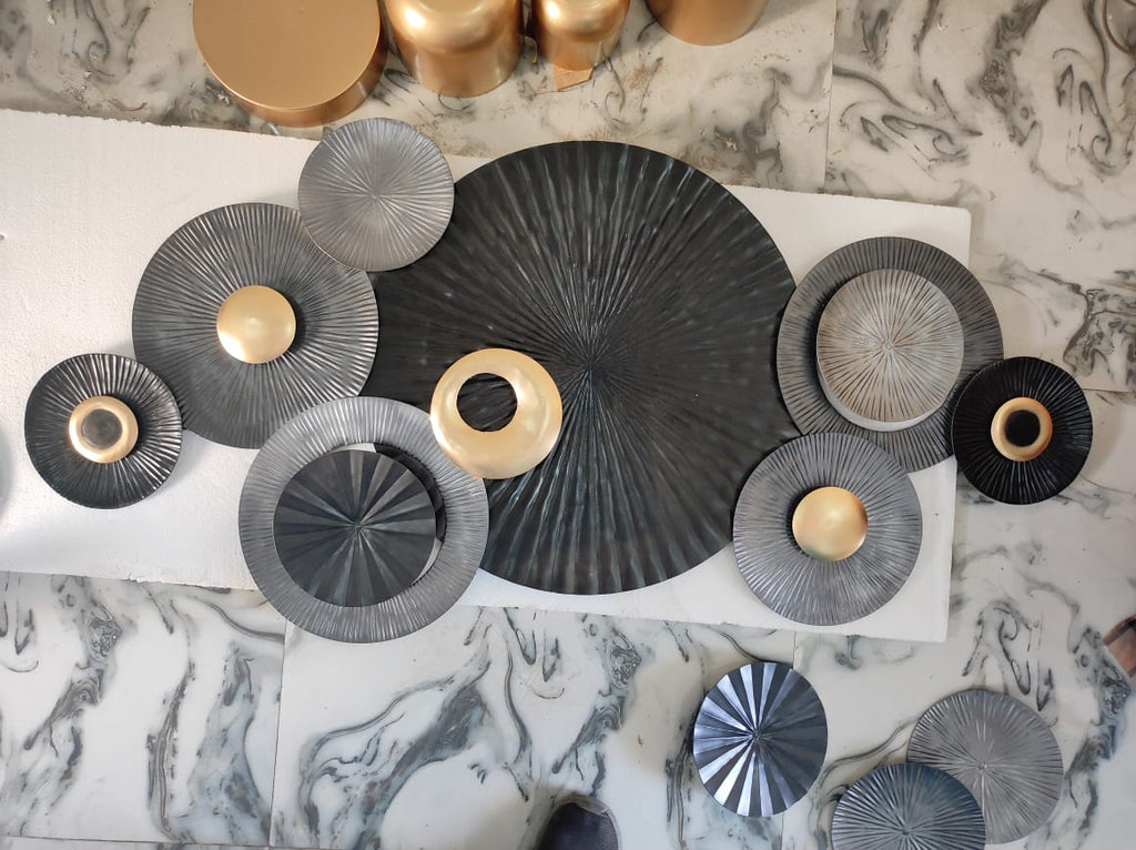 Black Grey Gold Circular Disc Geometric Metal Wall Art | Dark Luxury Modern Home Decor | Large Wall Art