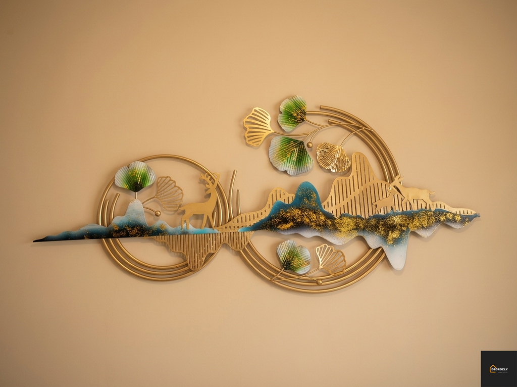 Gold Deer Mountain Ginkgo Metal Wall Art | Teal Blue Green | Large Modern Luxury Home Decor