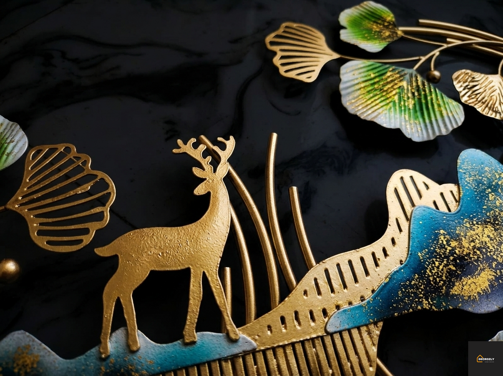 Decorative comb with gold deer and leaf design on a dark background