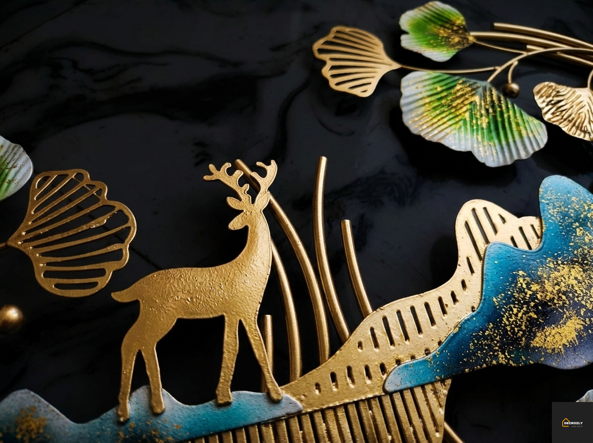 Decorative comb with gold deer and leaf design on a dark background