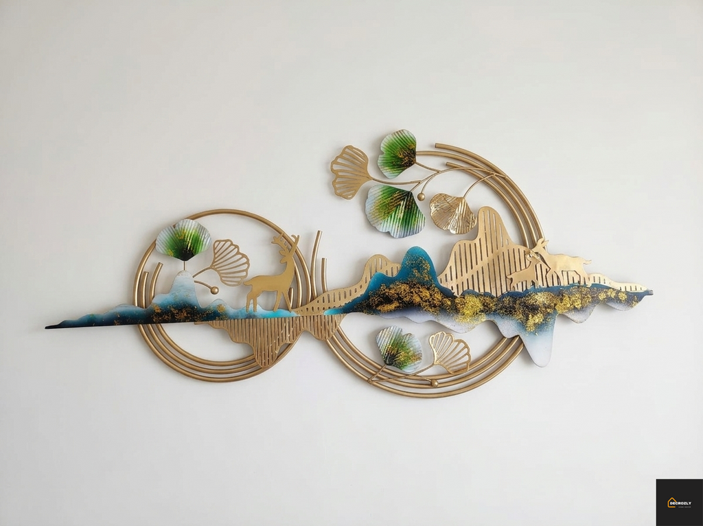 Decorative wall art with gold, blue, and green elements on a white background