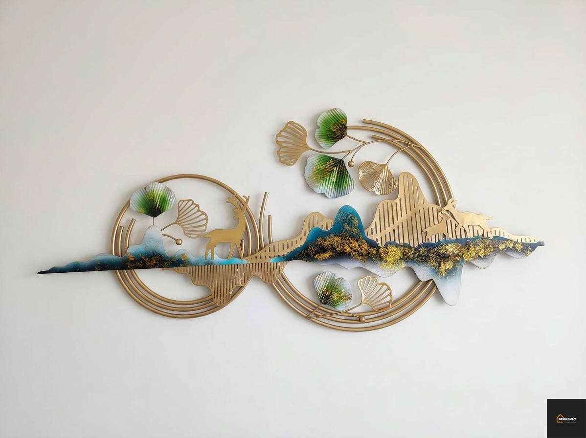 Decorative wall art with gold, blue, and green elements on a white background