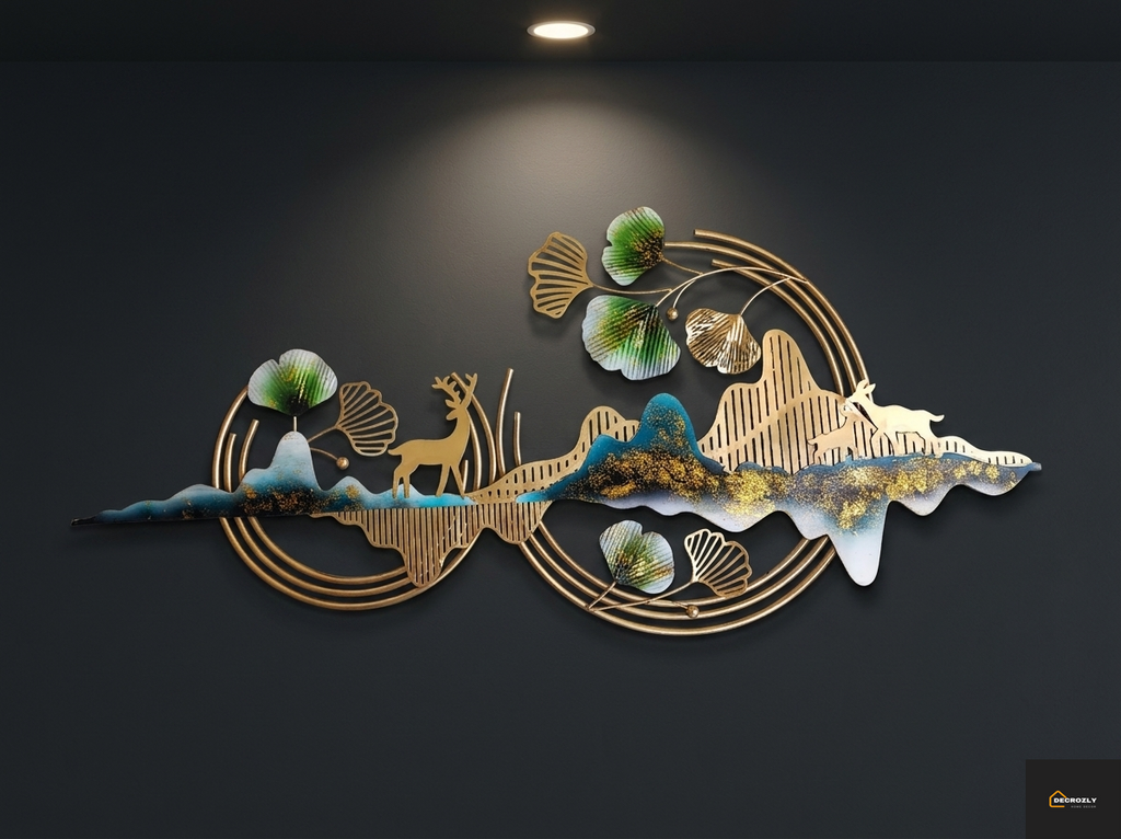 Decorative wall art with nature-themed elements on a dark background