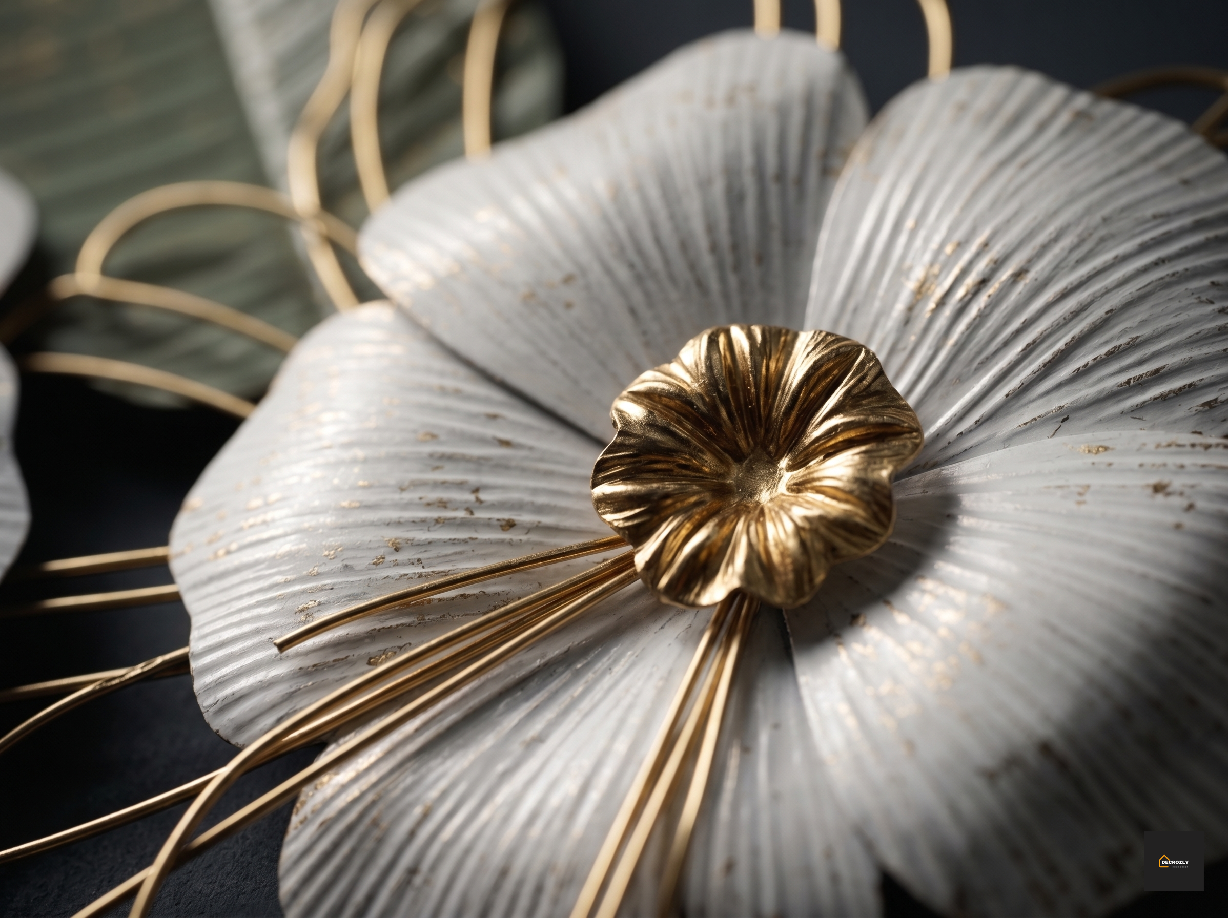 Metal Floral Wall Art Decor | Large 60x120 cm (24x48 inch) Sage Green & White Flower Wall Sculpture | Golden Accent Botanical Wall Hanging for Living Room, Bedroom & Entryway | Nature |