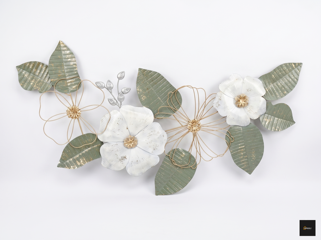 Metal Floral Wall Art Decor | Large 60x120 cm (24x48 inch) Sage Green & White Flower Wall Sculpture | Golden Accent Botanical Wall Hanging for Living Room, Bedroom & Entryway | Nature |