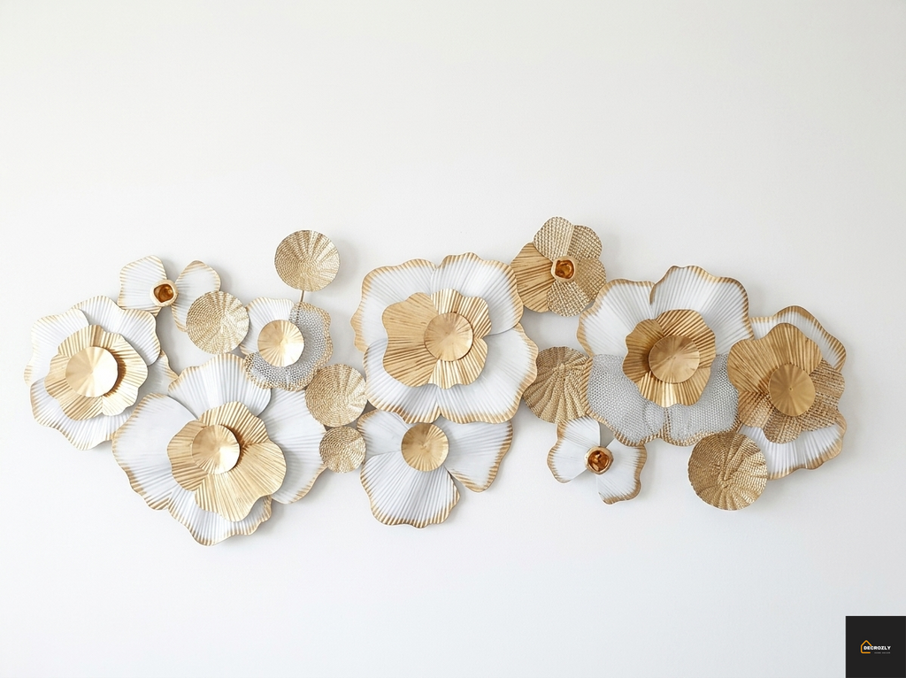 White Gold Floral Cluster Metal Wall Art | Large Luxury Flower Wall Decor | Modern Home Art | Geometric | Nature |