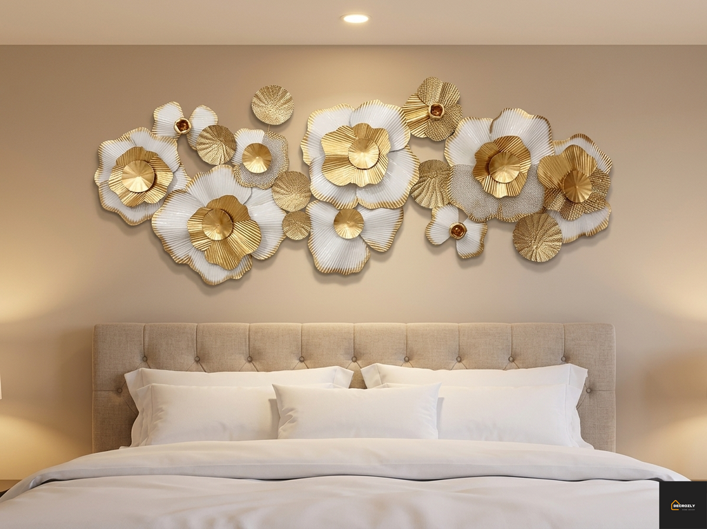 White Gold Floral Cluster Metal Wall Art | Large Luxury Flower Wall Decor | Modern Home Art | Geometric | Nature |