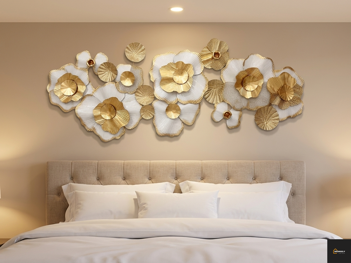 White Gold Floral Cluster Metal Wall Art | Large Luxury Flower Wall Decor | Modern Home Art | Geometric | Nature |