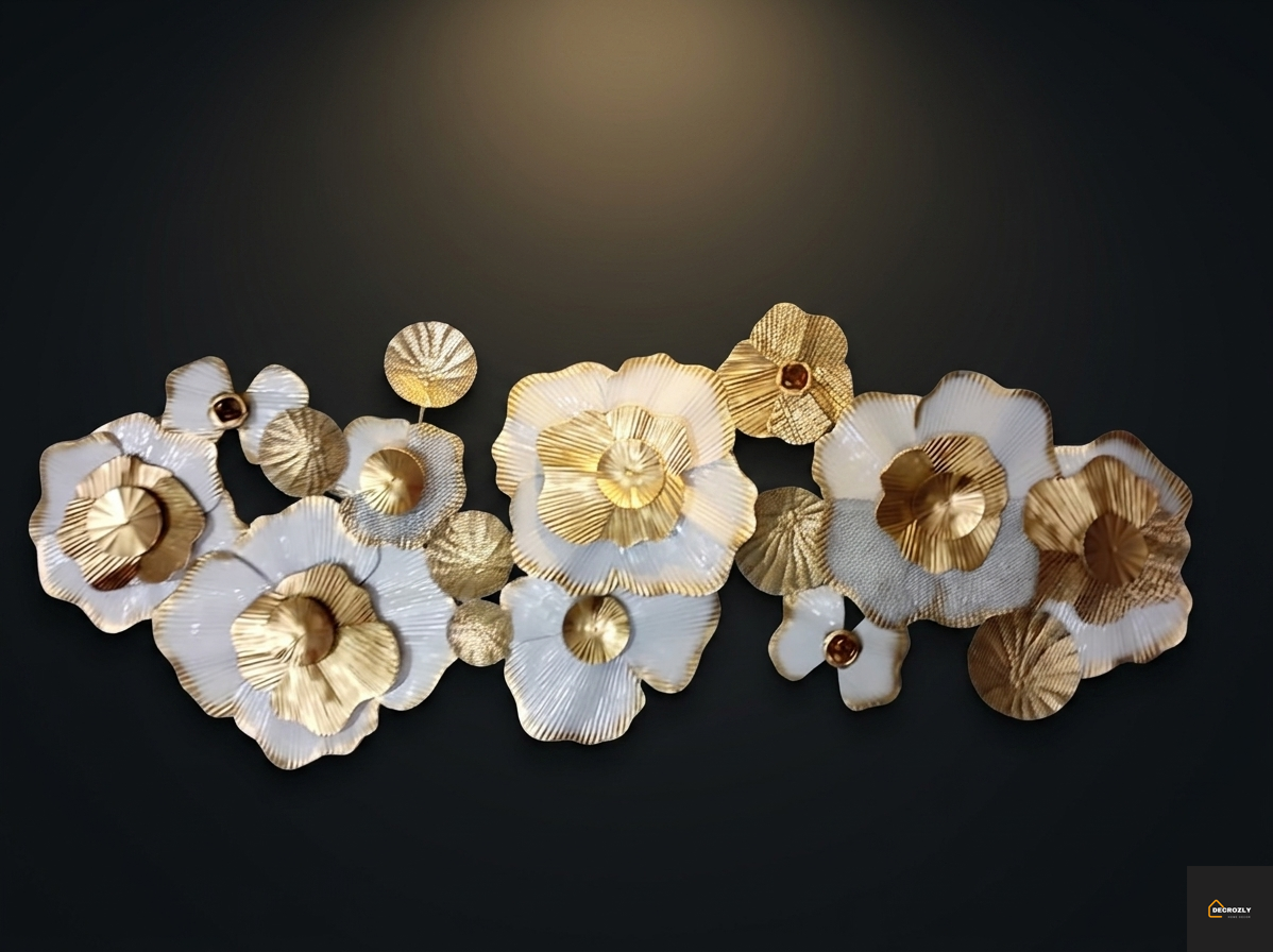 White Gold Floral Cluster Metal Wall Art | Large Luxury Flower Wall Decor | Modern Home Art | Geometric | Nature |