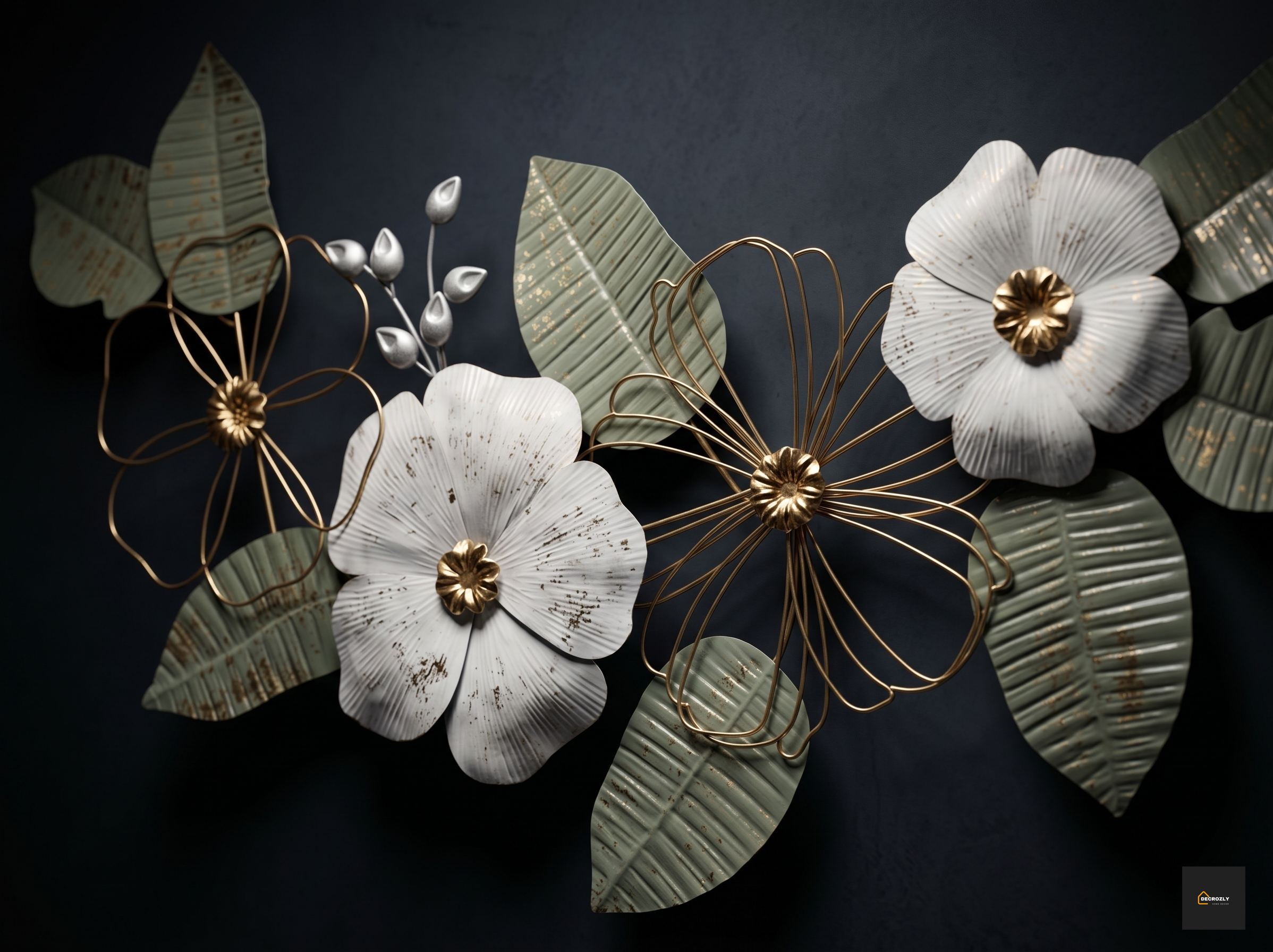 Metal Floral Wall Art Decor | Large 60x120 cm (24x48 inch) Sage Green & White Flower Wall Sculpture | Golden Accent Botanical Wall Hanging for Living Room, Bedroom & Entryway | Nature |