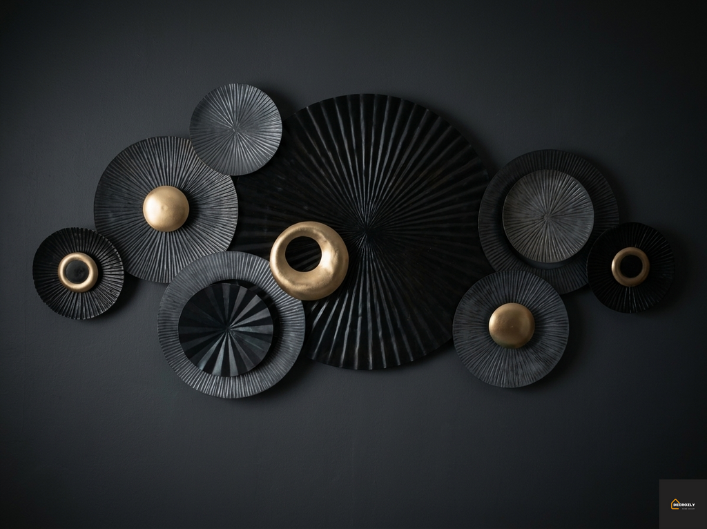 Black Grey Gold Circular Disc Geometric Metal Wall Art | Dark Luxury Modern Home Decor | Large Wall Art