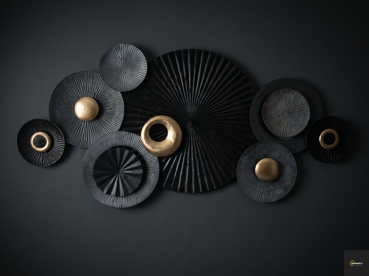 Black Grey Gold Circular Disc Geometric Metal Wall Art | Dark Luxury Modern Home Decor | Large Wall Art