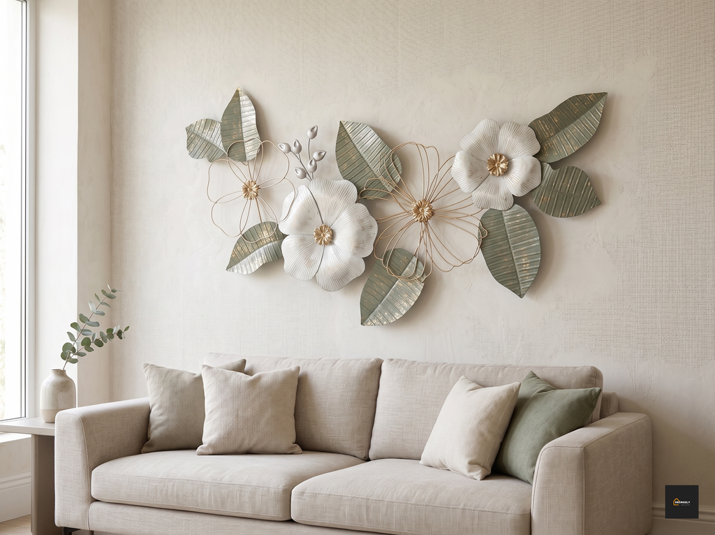 Metal Floral Wall Art Decor | Large 60x120 cm (24x48 inch) Sage Green & White Flower Wall Sculpture | Golden Accent Botanical Wall Hanging for Living Room, Bedroom & Entryway | Nature |